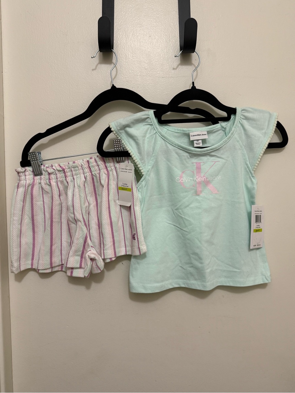 Calvin Klein Jeans Mint Green Top & Pink-Striped White Shorts  Set